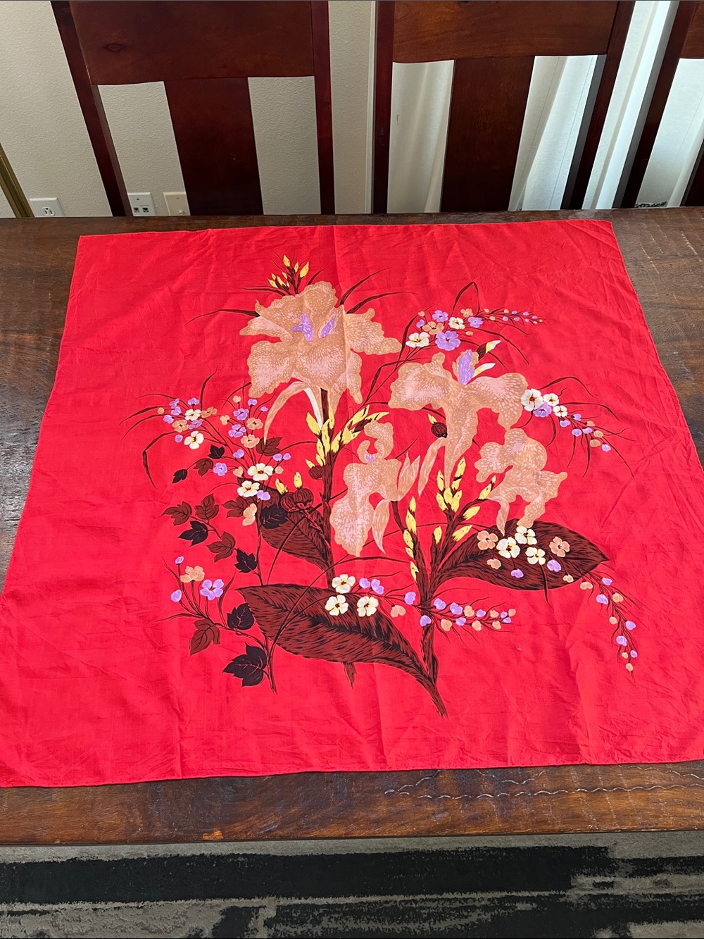 Vintage THAI SILKS Scarf Handkerchief Printed Floral Orchid on Red 34 x 35